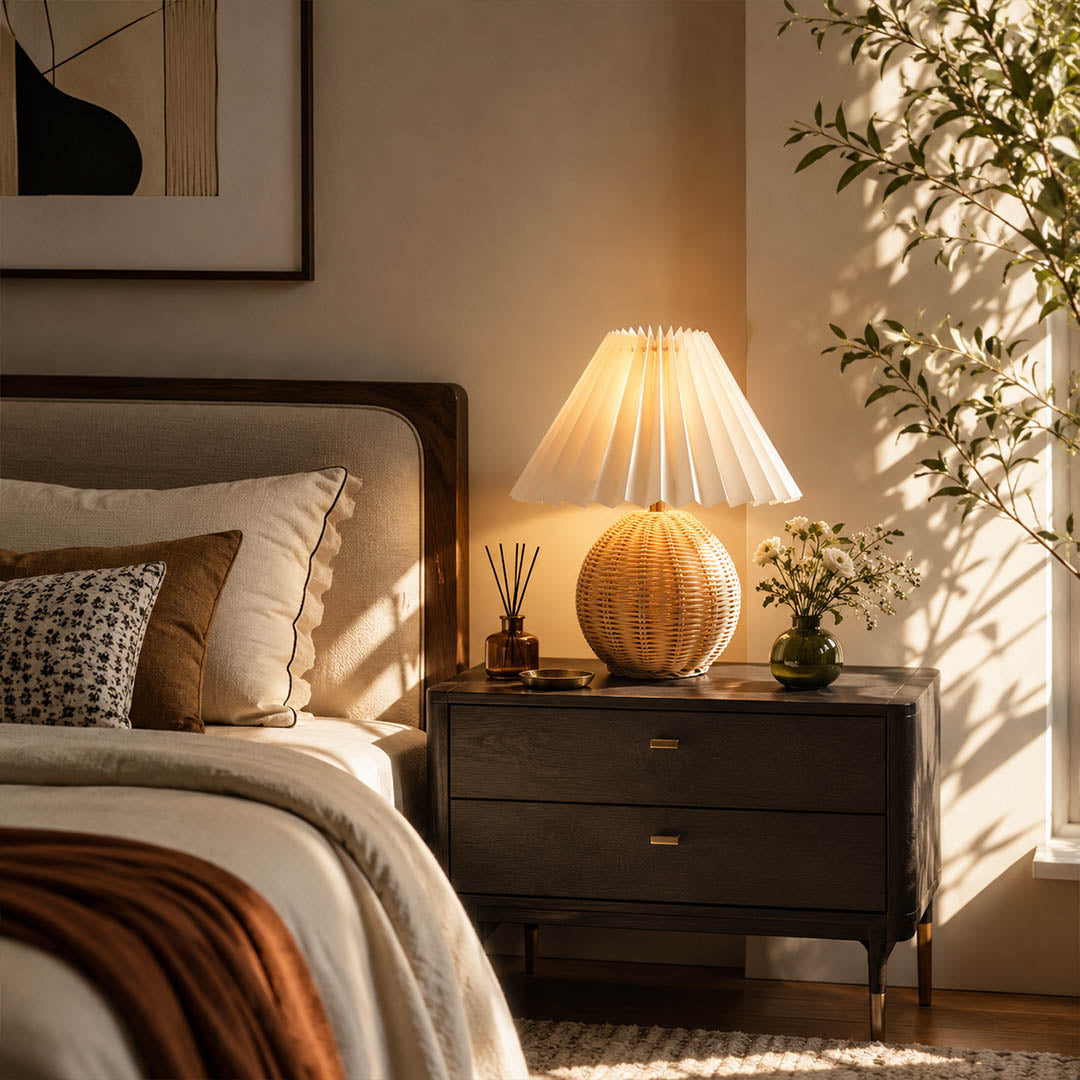 Rovana pleated rattan table lamp bedroom nightstand bedside warm glow rattan woven cozy wabi sabi American home lifestyle interior styled