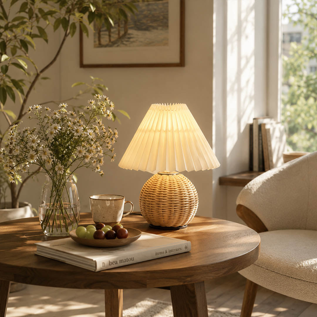 Rovana pleated rattan table lamp desk reading nook rattan woven warm glow natural japandi American home lifestyle interior