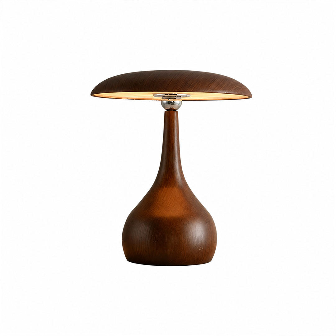 Rovena mushroom table lamp oak wood base American retro swivel shade white background front view
