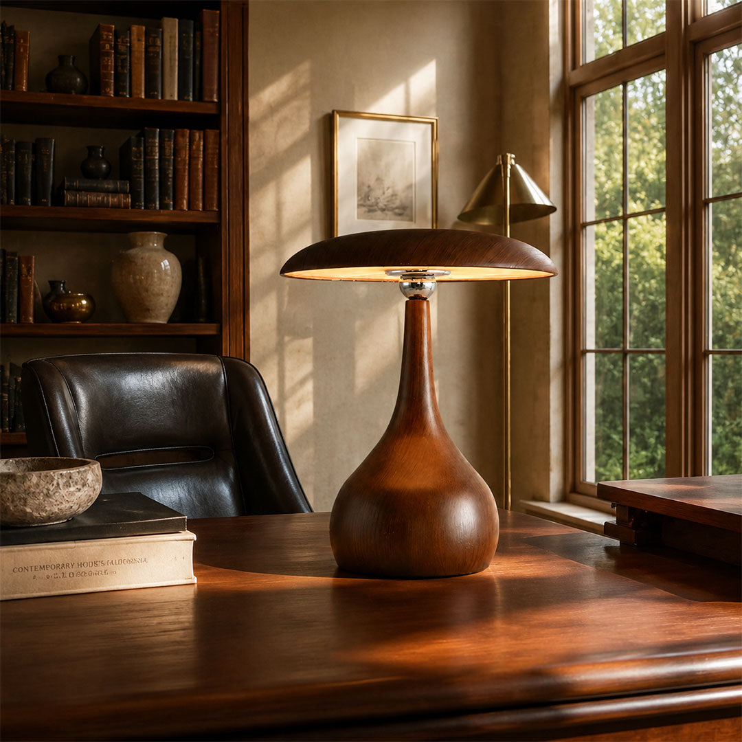 Rovena mushroom table lamp desk study swivel adjustable warm glow oak wood American home lifestyle interior styled