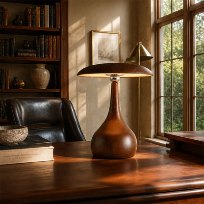 Rovena mushroom table lamp desk study swivel adjustable warm glow oak wood American home lifestyle interior styled