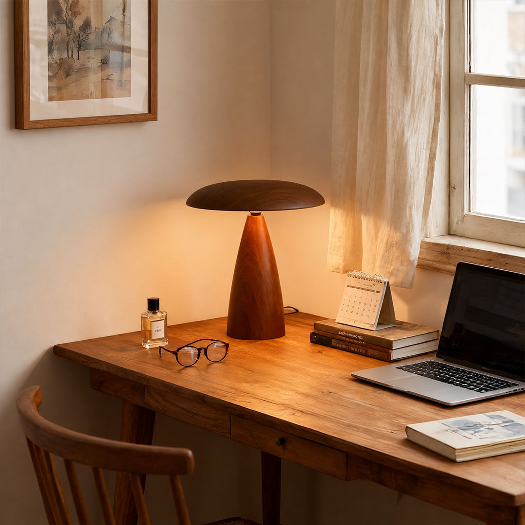 Rovena mushroom table lamp desk study swivel adjustable warm glow oak wood American home lifestyle interior styled