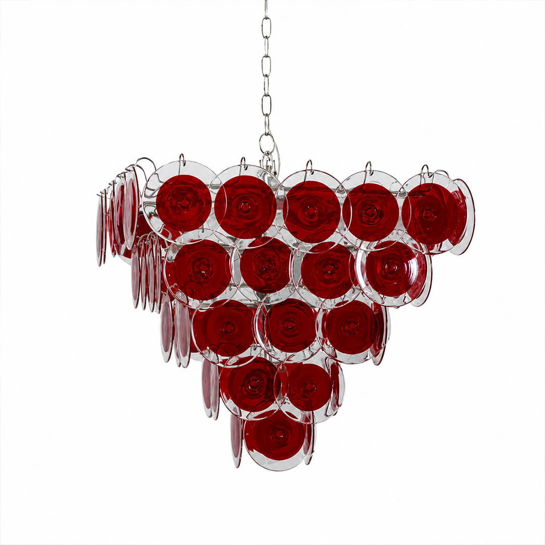 Ruby pyramid Murano glass chandelier 30 inch red hand blown Italian five tier layered disc French vintage sculptural statement Modern white background