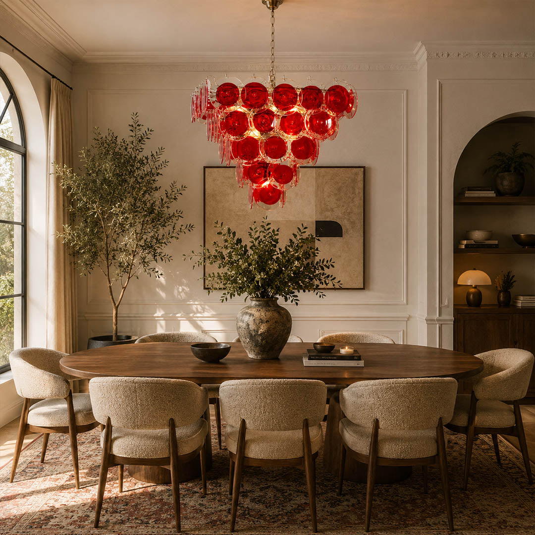 Ruby red pyramid Murano chandelier French vintage dining room walnut table velvet warm bold statement Italian romantic warm glow lifestyle interior