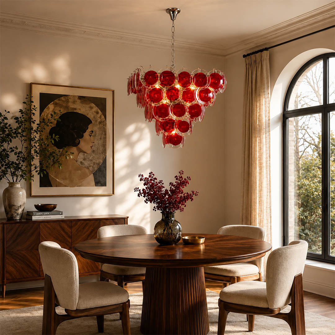 Ruby red pyramid Murano chandelier French vintage dining room walnut table velvet warm bold statement Italian romantic warm glow lifestyle interior