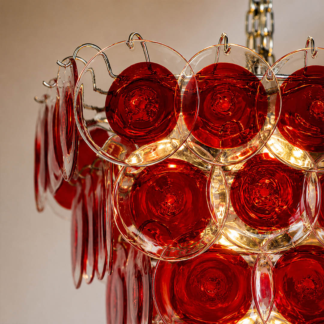Ruby 60 pieces hand blown Murano red glass discs premium craftsmanship value detail close up Italian artisan quality