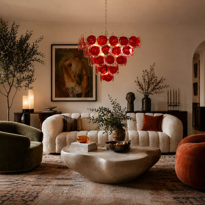 Ruby red pyramid Murano chandelier modern bold living room statement contemporary Italian French vintage sculptural warm glow lifestyle interior