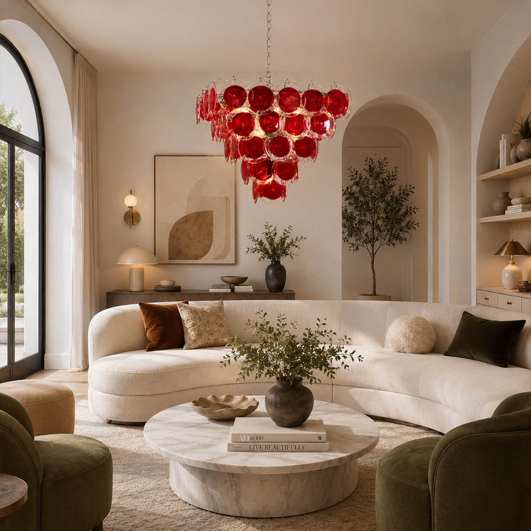 Ruby red pyramid Murano chandelier modern bold living room statement contemporary Italian French vintage sculptural warm glow lifestyle interior