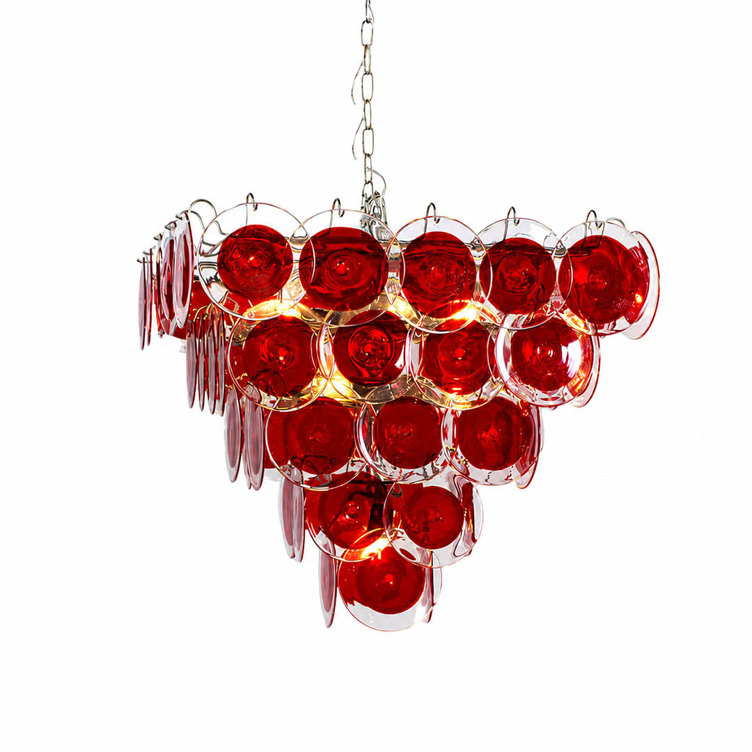 Ruby pyramid Murano glass chandelier 30 inch red hand blown Italian five tier layered disc French vintage sculptural statement Modern white background