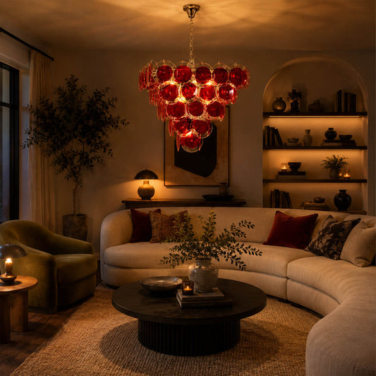 Ruby red pyramid Murano chandelier modern bold living room statement contemporary Italian French vintage sculptural warm glow lifestyle interior