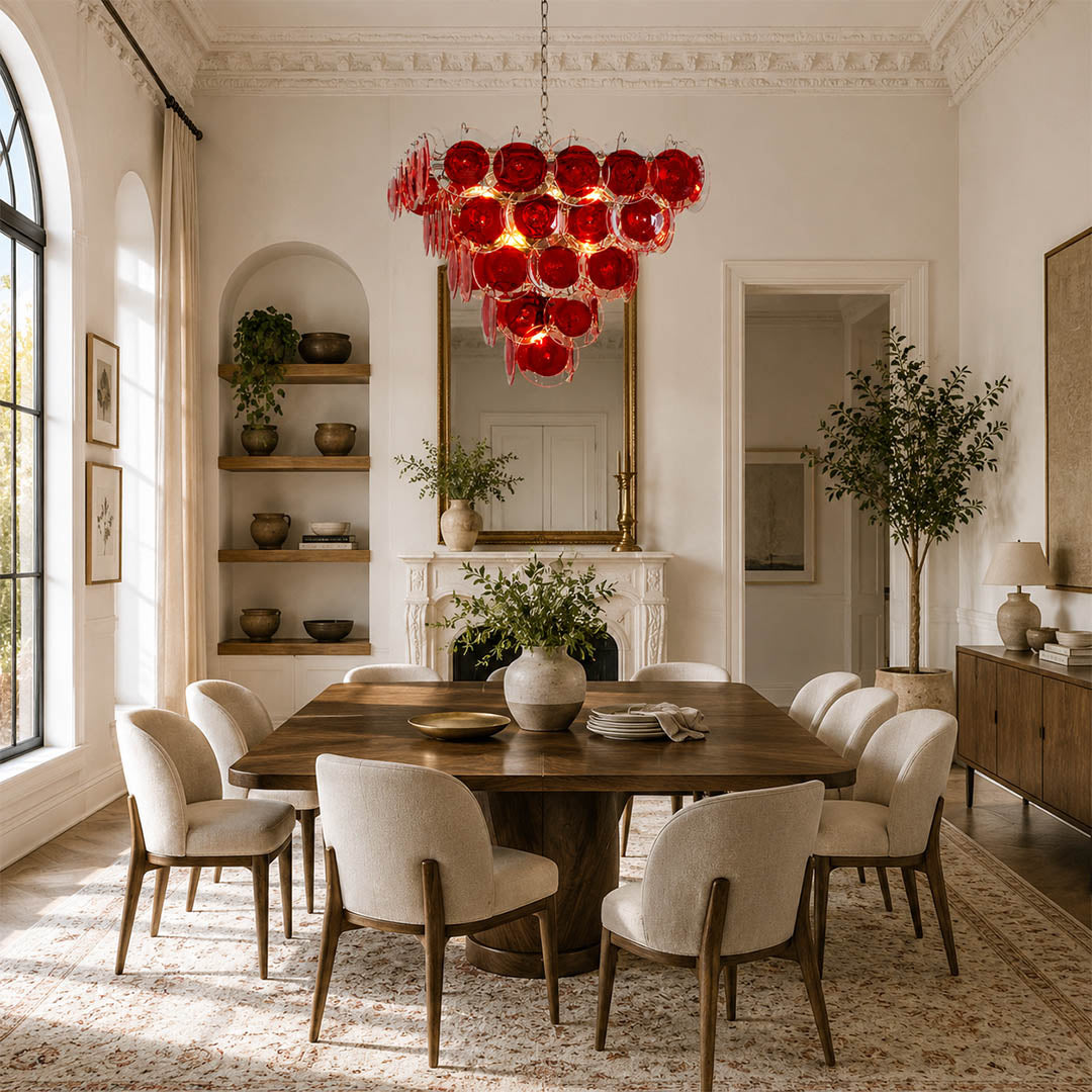 Ruby red pyramid Murano chandelier modern bold living room statement contemporary Italian French vintage sculptural warm glow lifestyle interior
