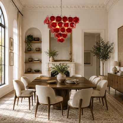 Ruby red pyramid Murano chandelier modern bold living room statement contemporary Italian French vintage sculptural warm glow lifestyle interior