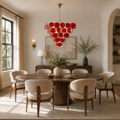 Ruby red pyramid Murano chandelier French vintage dining room walnut table velvet warm bold statement Italian romantic warm glow lifestyle interior