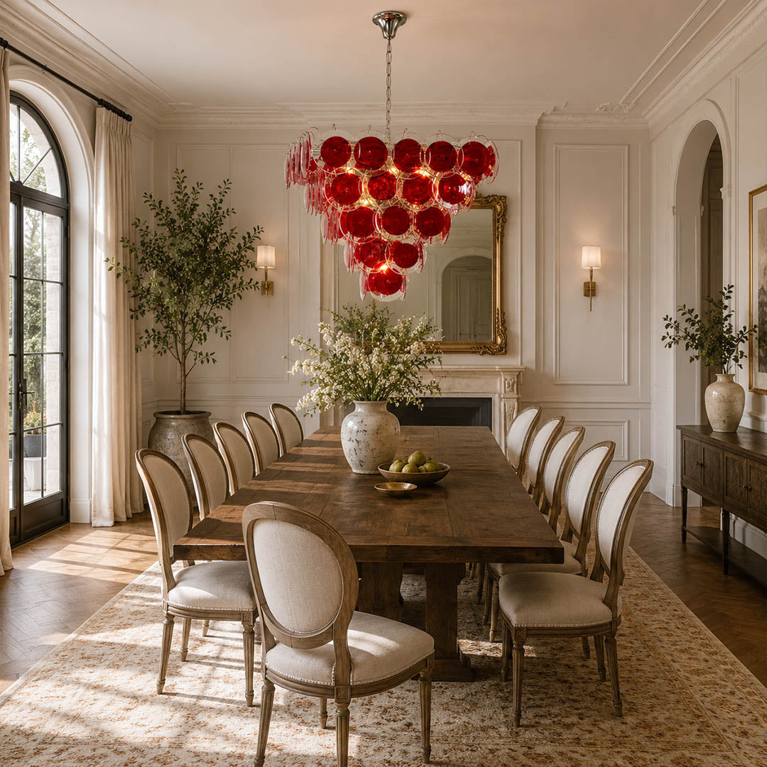Ruby red pyramid Murano chandelier French vintage dining room walnut table velvet warm bold statement Italian romantic warm glow lifestyle interior