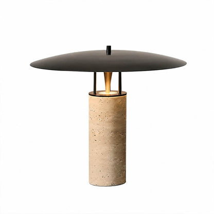 Sabbia travertine table lamp yellow travertine stone body black shade sculptural disc modern white background front view