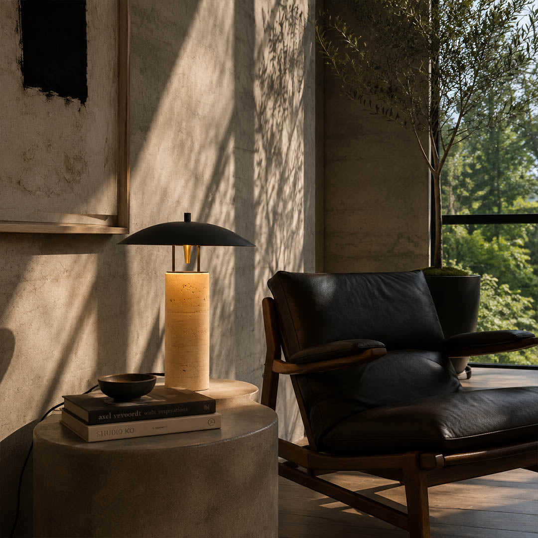 Sabbia travertine table lamp living room side table yellow travertine black shade warm glow modern natural stone American home lifestyle interior styled