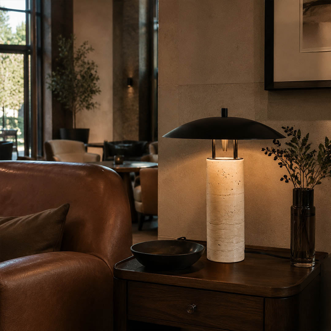 Sabbia travertine table lamp living room side table yellow travertine black shade warm glow modern natural stone American home lifestyle interior styled