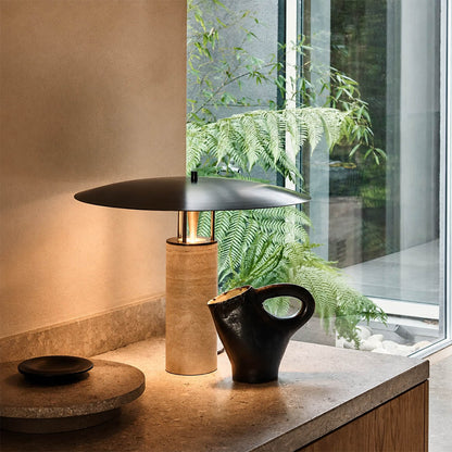 Sabbia travertine table lamp wabi sabi japandi natural space travertine black shade warm quiet American home lifestyle interior styled