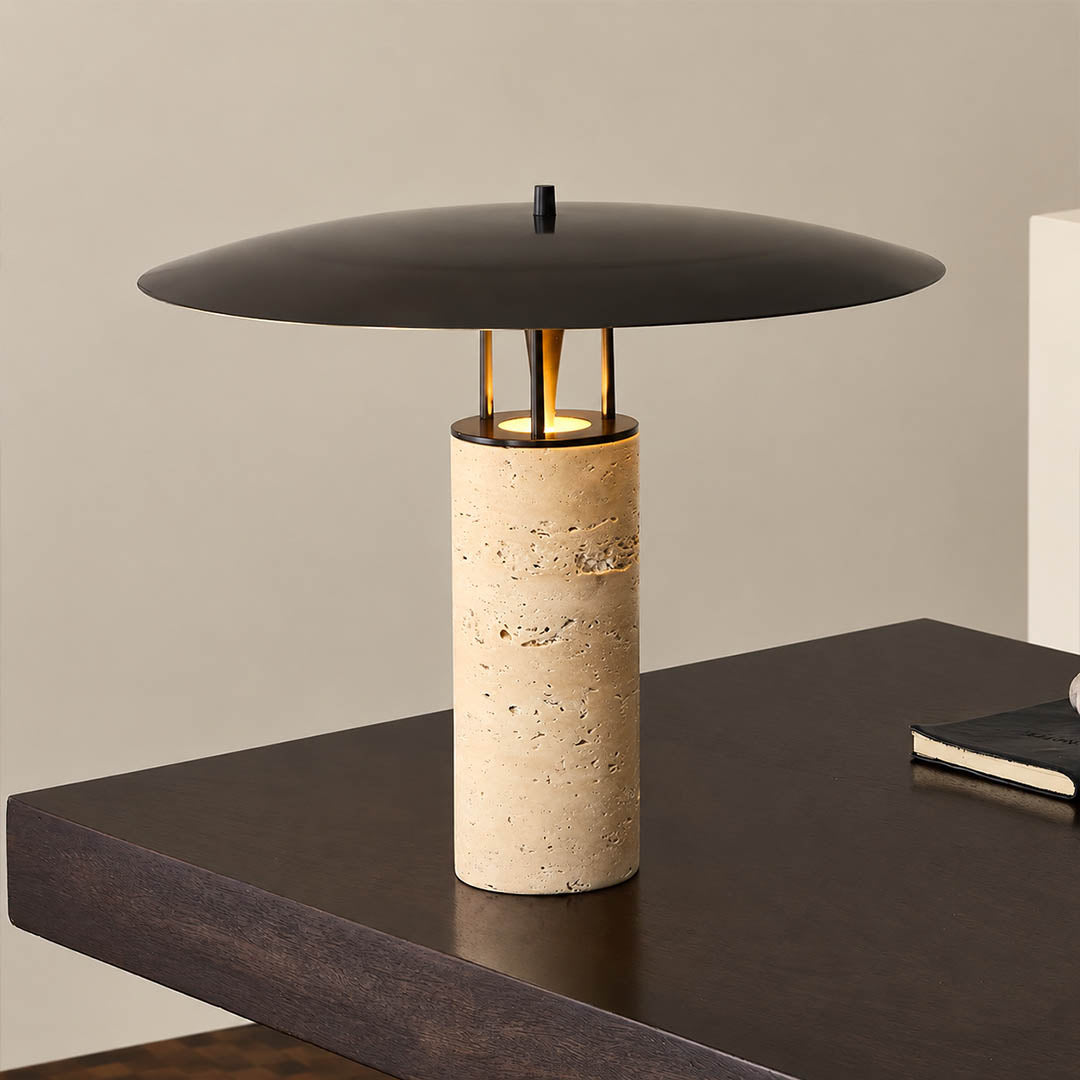 Sabbia travertine table lamp study console travertine black shade warm glow modern natural stone American home lifestyle interior