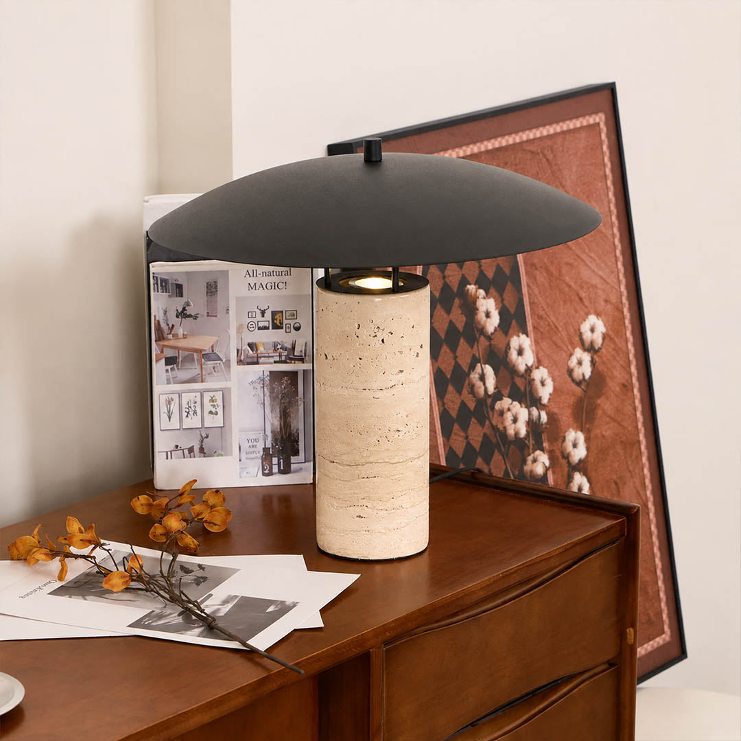 Sabbia travertine table lamp modern entryway console illuminated travertine black shade warm natural American home lifestyle interior