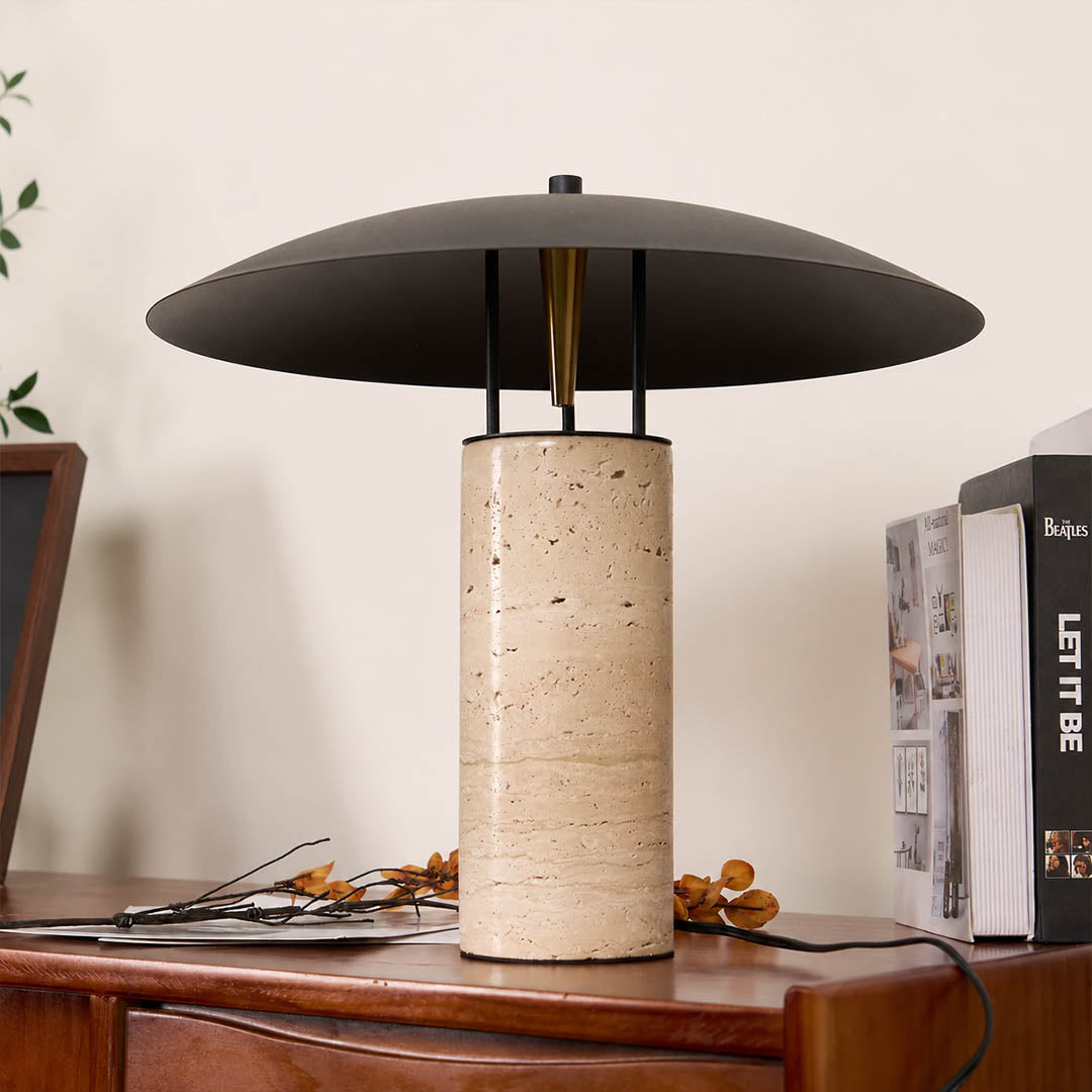 Sabbia travertine table lamp modern entryway console illuminated travertine black shade warm natural American home lifestyle interior