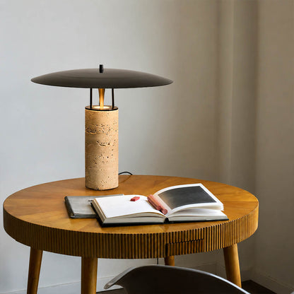 Sabbia travertine table lamp dining room console travertine black shade warm elegant natural stone American home lifestyle interior styled