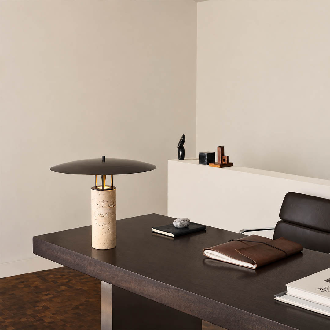 Sabbia travertine table lamp study console travertine black shade warm glow modern natural stone American home lifestyle interior