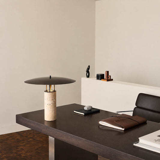 Sabbia travertine table lamp study console travertine black shade warm glow modern natural stone American home lifestyle interior