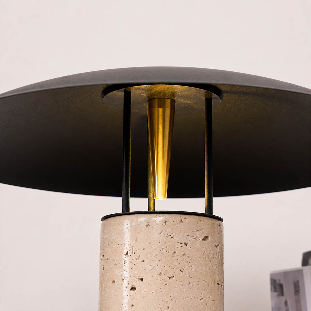 Sabbia travertine table lamp black metal shade matte finish contrast detail close up modern