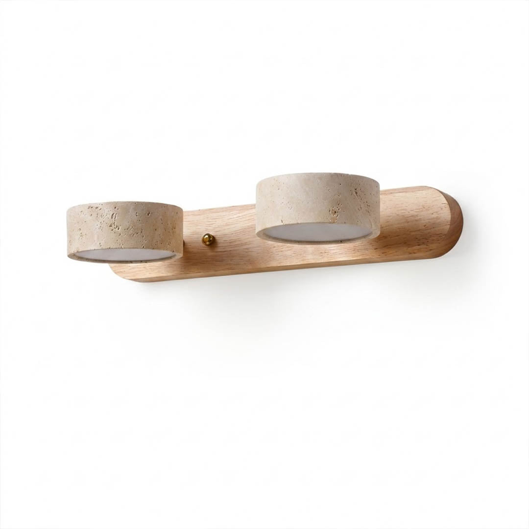 Saffron travertine vanity light 2-light wood brass yellow stone linear bathroom white background