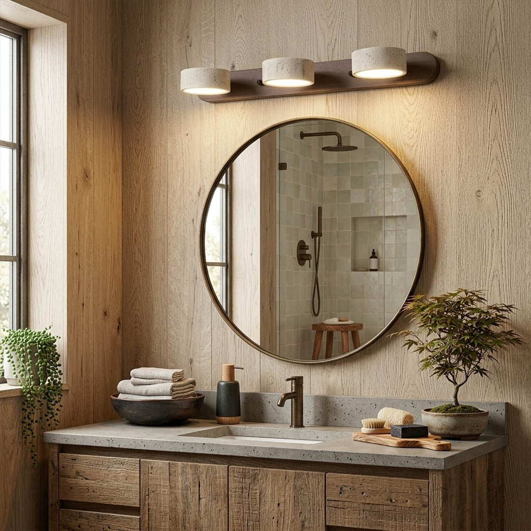 Saffron travertine vanity light above bathroom mirror warm stone glow modern interior