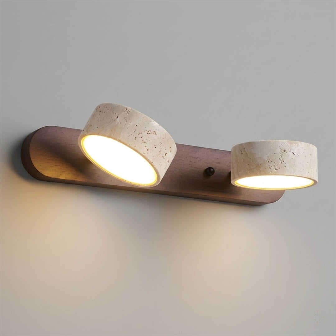 Saffron travertine vanity light walnut black finish yellow stone linear white background