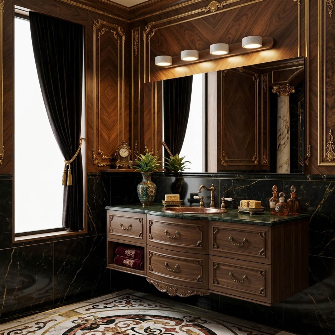 Saffron travertine vanity light above bathroom mirror warm stone glow modern interior