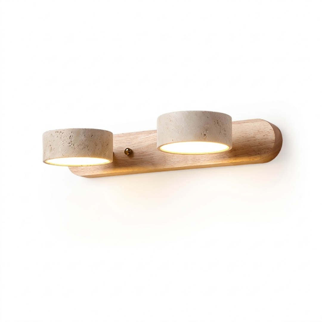 Saffron travertine vanity light 2-light wood brass yellow stone linear bathroom white background