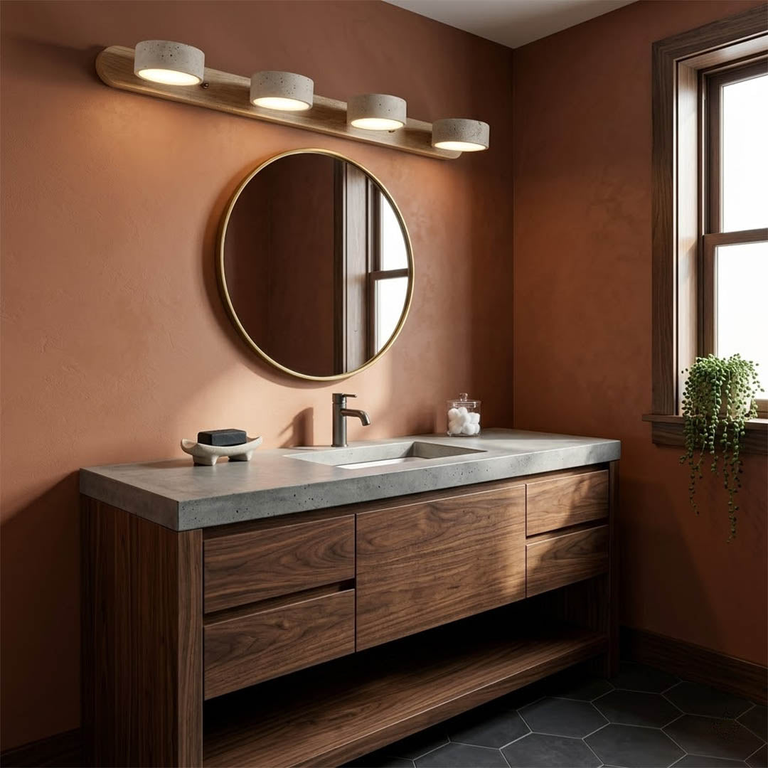Saffron travertine vanity light above bathroom mirror warm stone glow modern interior
