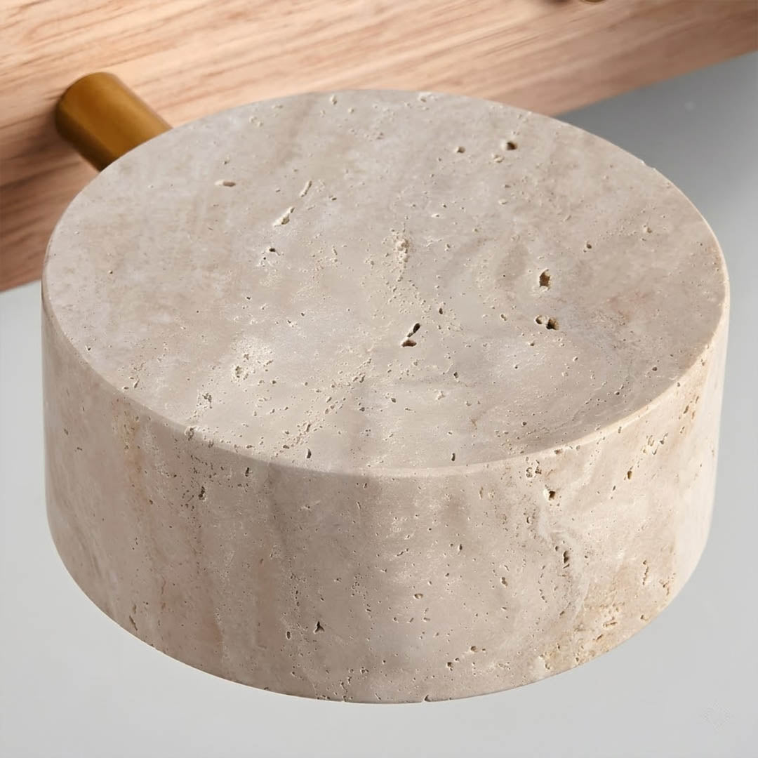 Saffron vanity light yellow travertine stone lit from within natural veining detail close up