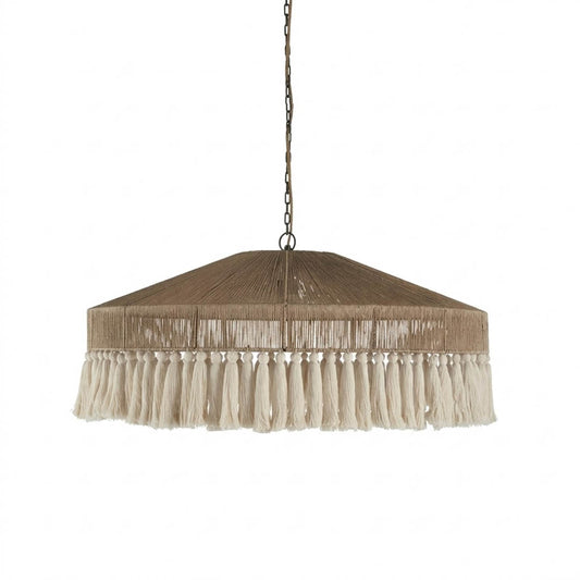 Santorini large boho pendant light woven jute tassel light brown 31 inch white background