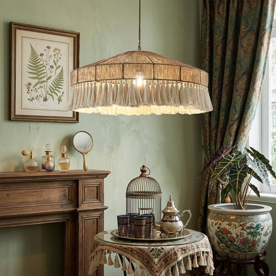 Santorini large boho pendant light above dining table showing statement scale coastal interior