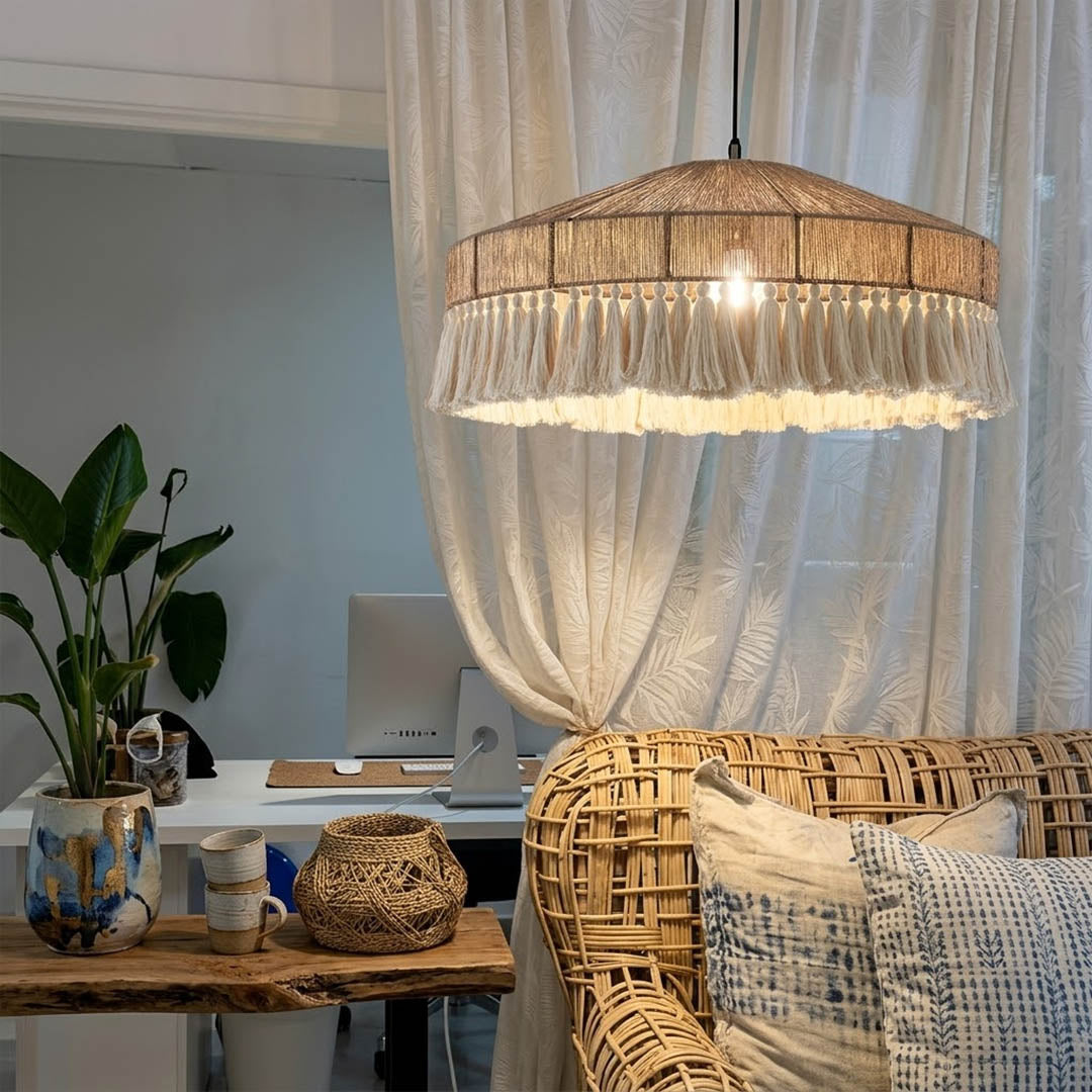Santorini large boho pendant light above dining table showing statement scale coastal interior
