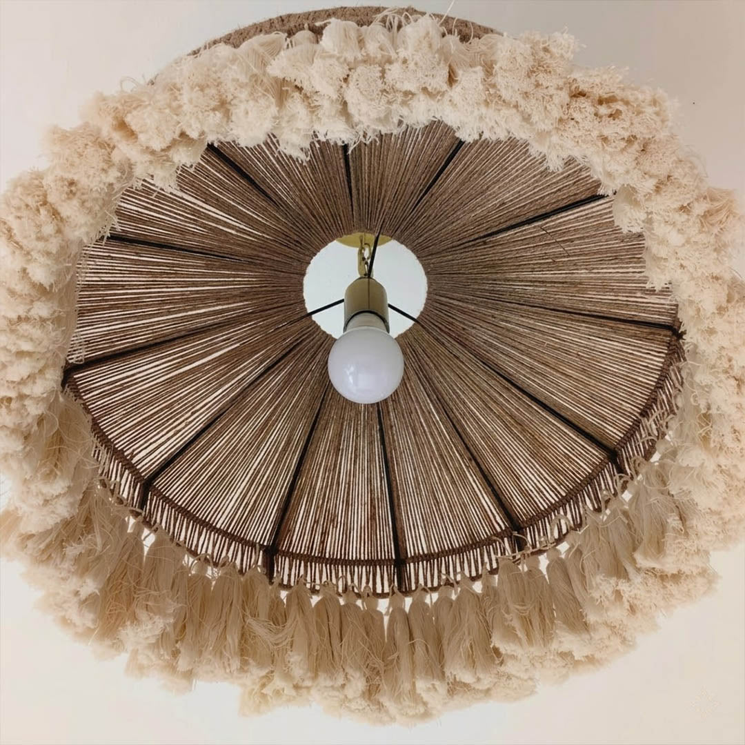 Santorini pendant light woven jute rope tassel fringe texture detail close up