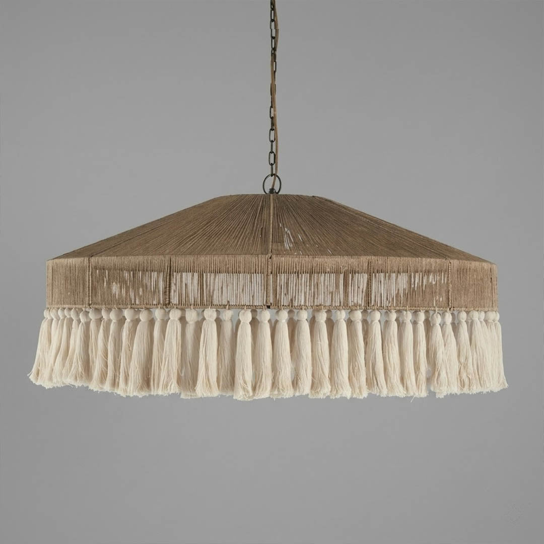 Santorini large boho pendant light woven jute tassel light brown 31 inch white background