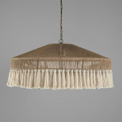 Santorini large boho pendant light woven jute tassel light brown 31 inch white background