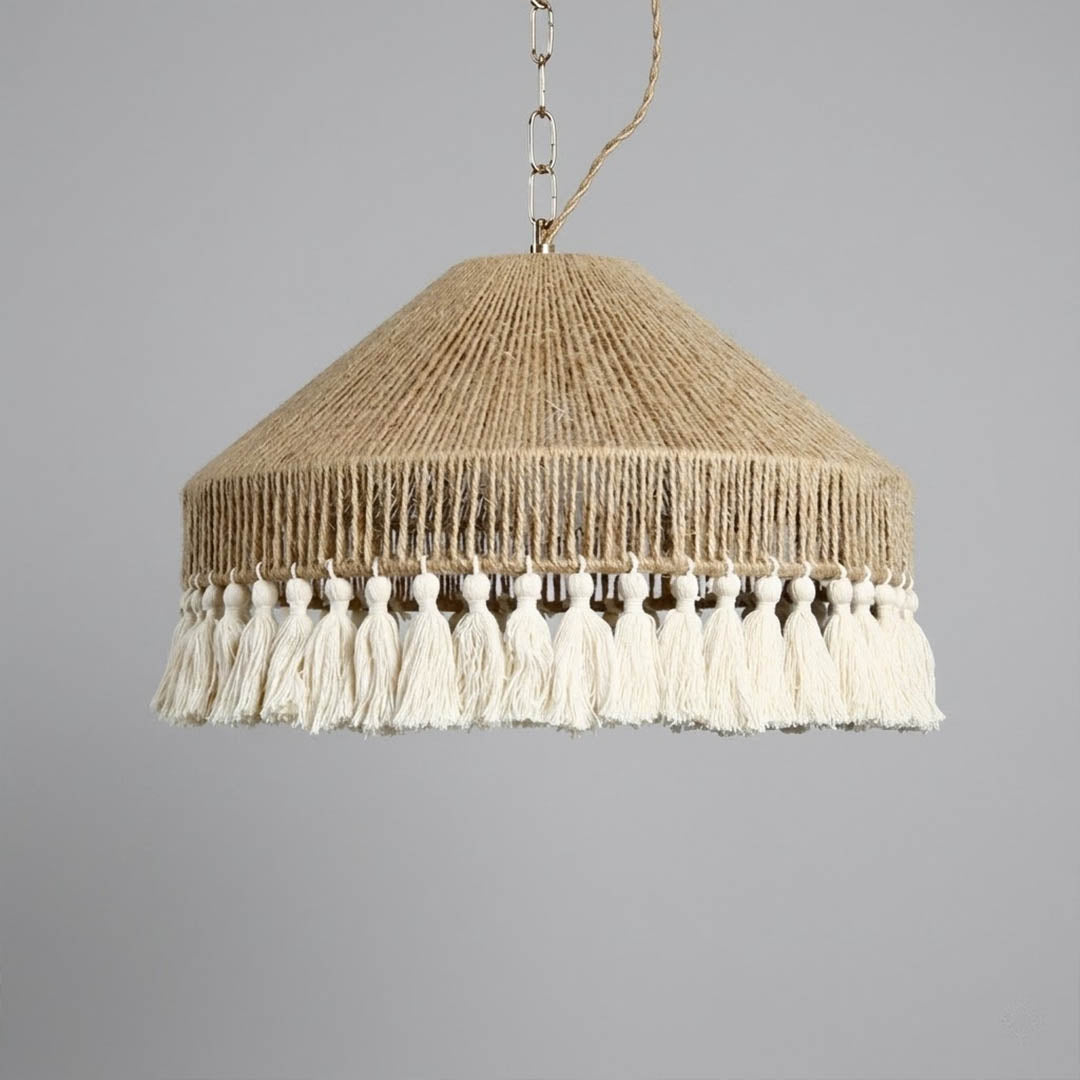 Santorini large boho pendant light woven jute tassel light brown 31 inch white background