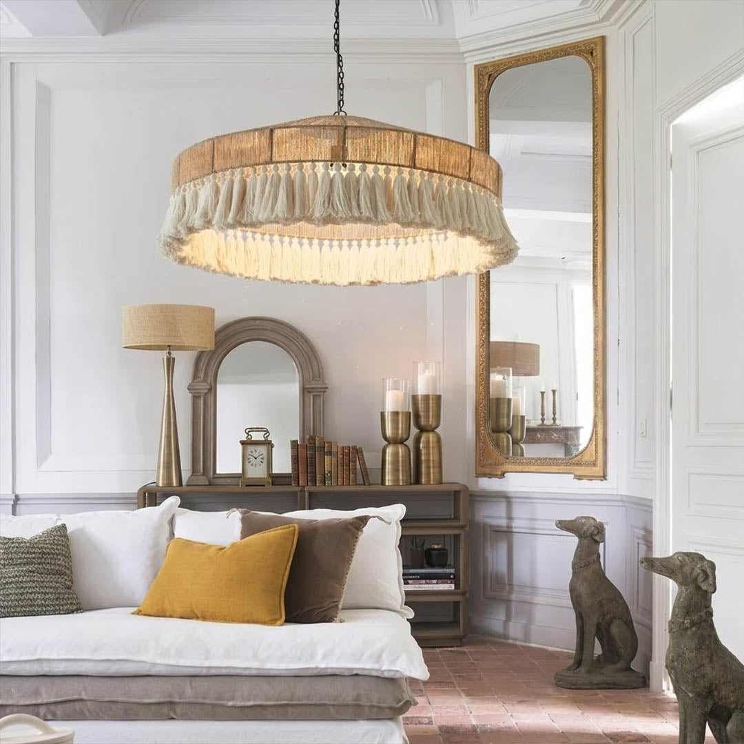 Santorini large boho pendant light above dining table showing statement scale coastal interior