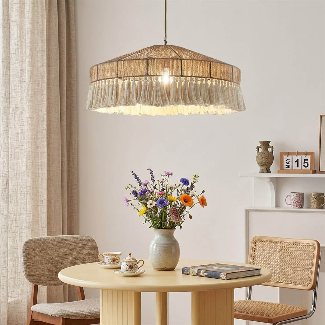 Santorini large boho pendant light above dining table showing statement scale coastal interior