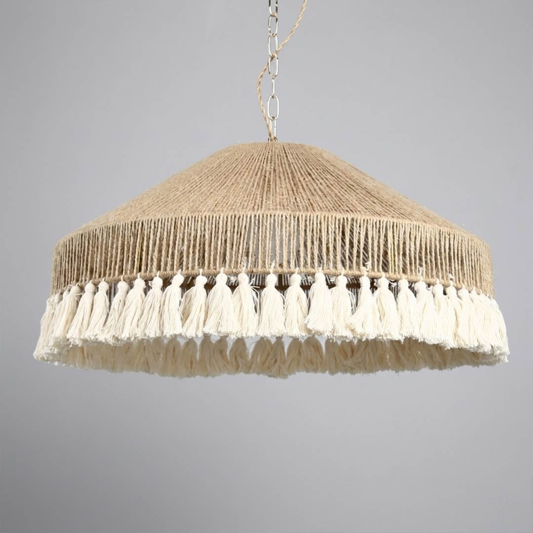Santorini large boho pendant light woven jute tassel light brown 31 inch white background