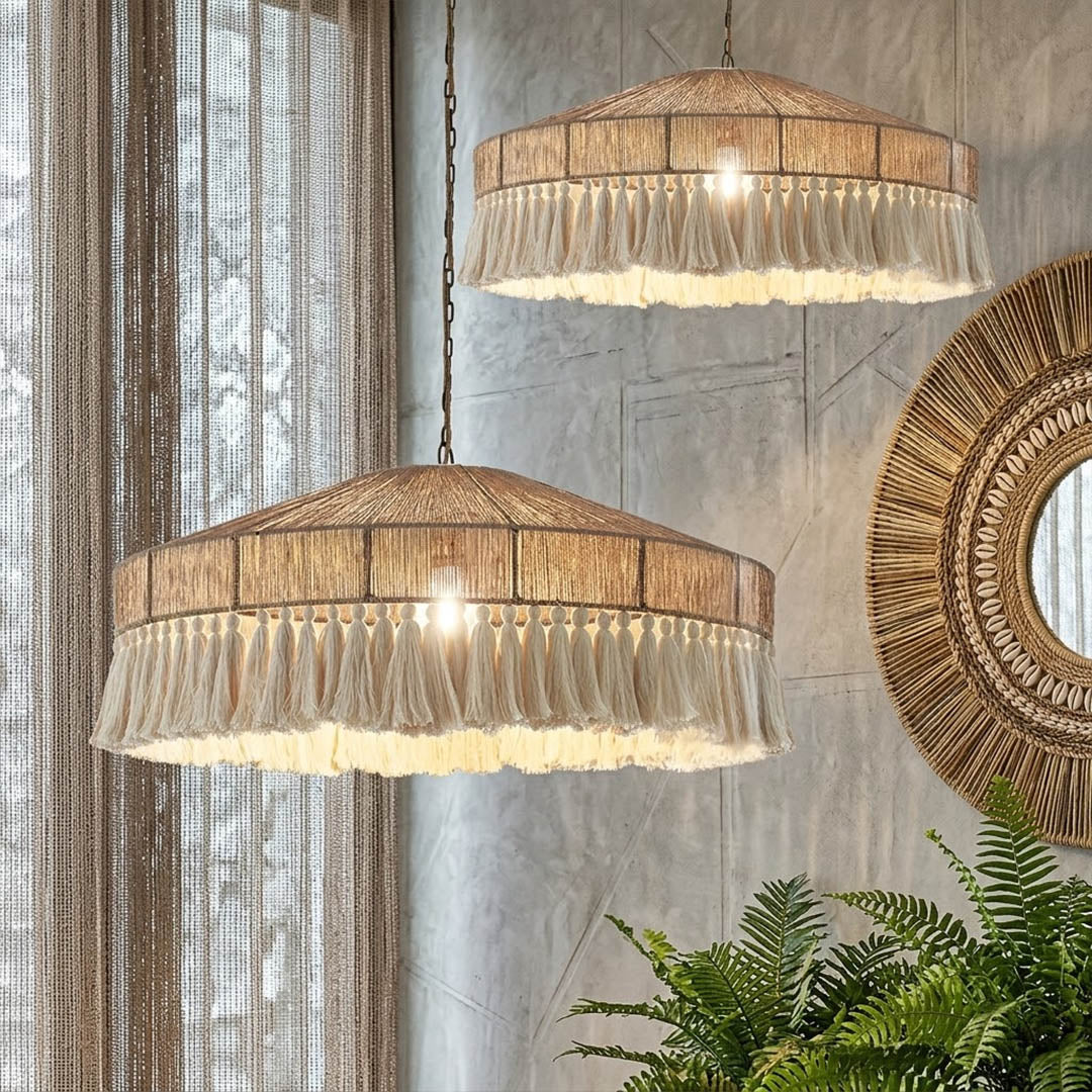 Santorini large boho pendant light above dining table showing statement scale coastal interior