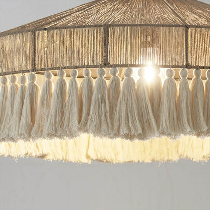 Santorini pendant light woven jute rope tassel fringe texture detail close up