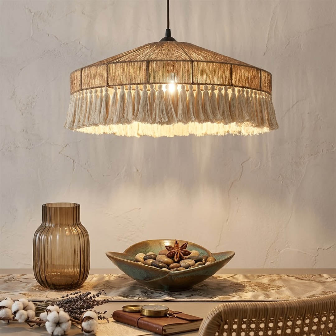 Santorini large boho pendant light above dining table showing statement scale coastal interior