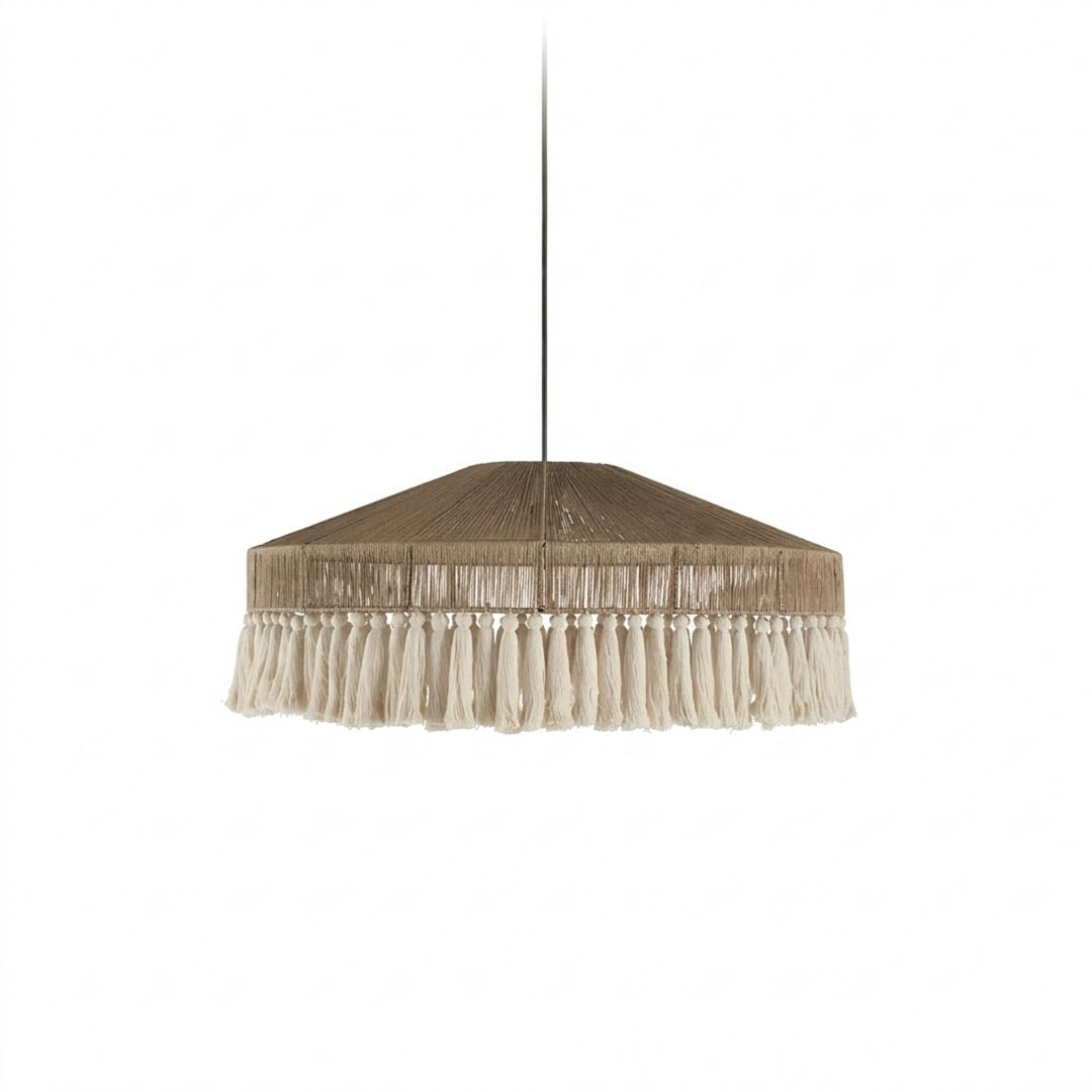 Santorini large boho pendant light woven jute tassel light brown 31 inch white background